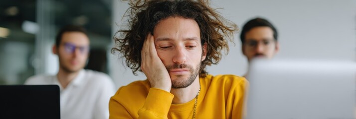 Male caucasian young adult in yellow sweater leaning on hand looking bored at laptop in classroom or office with colleagues blurred behind him conveying distraction and disengagement