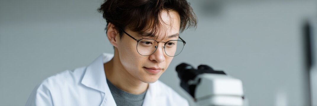 Asian male young scientist microscope researcher in lab wearing glasses white coat concentrating on experiment and analysis under bright laboratory lighting