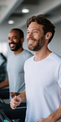 Fototapeta premium Male caucasian adult and male african adult running on gym treadmills two men jogging indoors in modern fitness center during cardio workout and training session