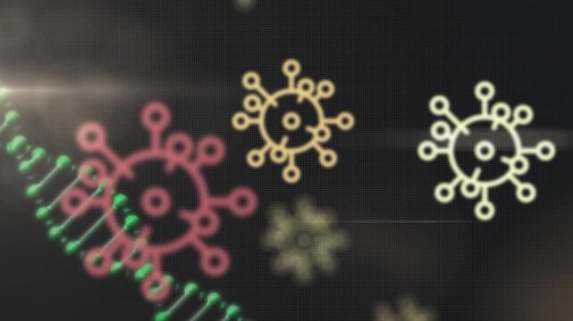 Animation of spinning dna structure and covid-19 cells icons against black background