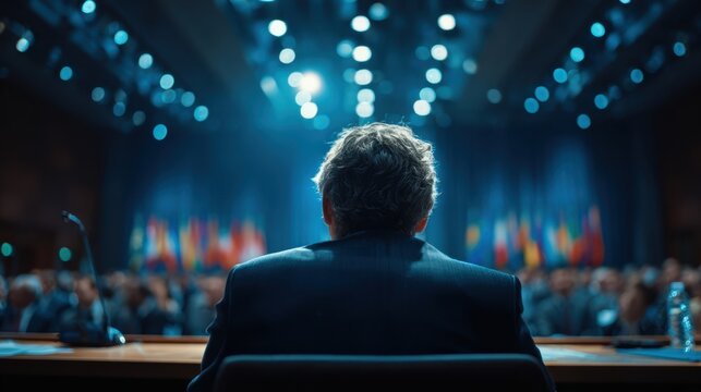 Over-the-shoulder view of a delegate sitting at a desk with a microphone in a large international summit assembly hall, sharp foreground with blurred background.