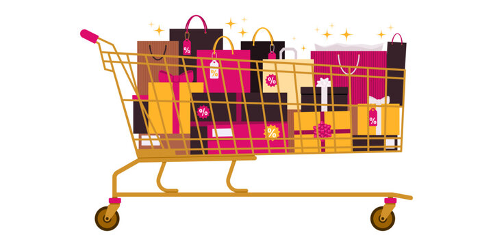 Huge golden shopping cart filled with Black Friday purchases