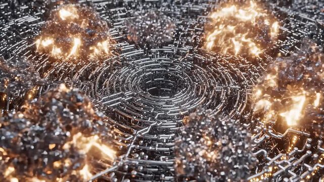 Abstract Sci-Fi Circular Structure With Glowing Orange Energy Erupting
