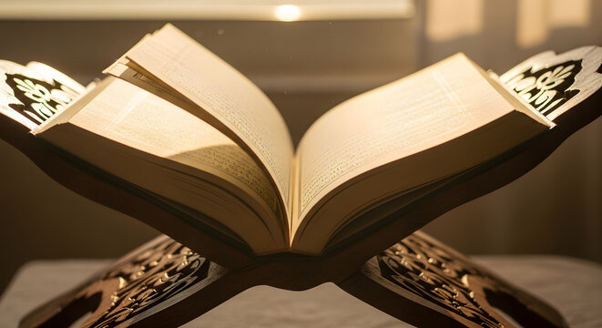 Close-up of Open Holy Quran on Traditional Carved Wooden Stand with Warm Glowing Sunlight Representing Islamic Faith Spirituality and Religious Study