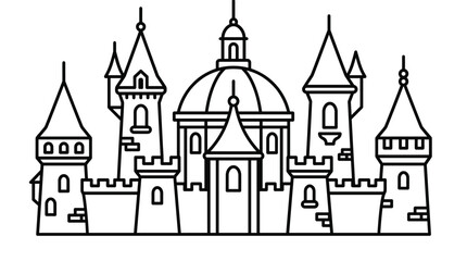Obraz premium A simple black and white line art illustration of a fantasy castle. This minimalist vector icon is perfect for logos, fairytale themes, coloring books, and magical designs.