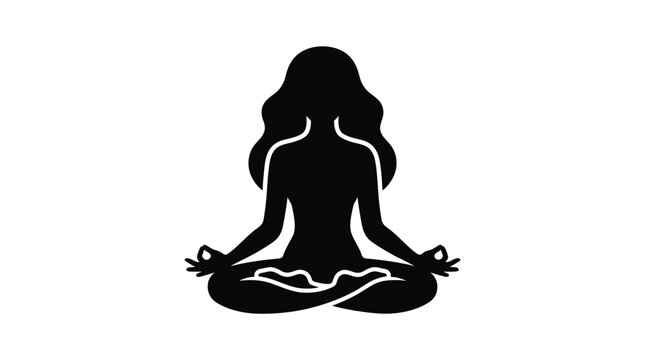 Black silhouette icon of a woman in lotus yoga pose for meditation. A minimal vector graphic for wellness, mindfulness, and spirituality. Represents calm and balance.