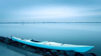 Fototapeta premium kayak. A kayak rests on the shoreline, reflecting calm blue waters in a serene natural setting. tourism brochures, itinerary planners, designed for travel destination branding.