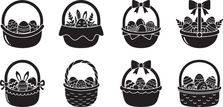 black silhouette Easter baskets are arranged in a 2x3 grid. Each basket contains Easter eggs decorated with various patterns.