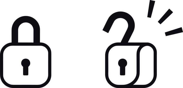 Locked and unlocked padlock icon set representing security, privacy, access control and data protection concept in simple outline vector style for apps and websites