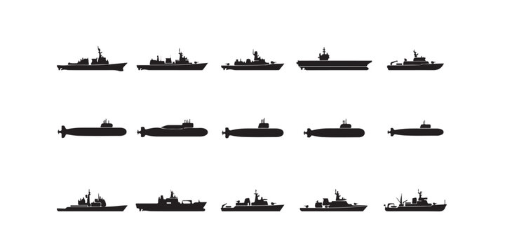 Naval Vessel Silhouettes Set Featuring Aircraft Carrier and Submarines