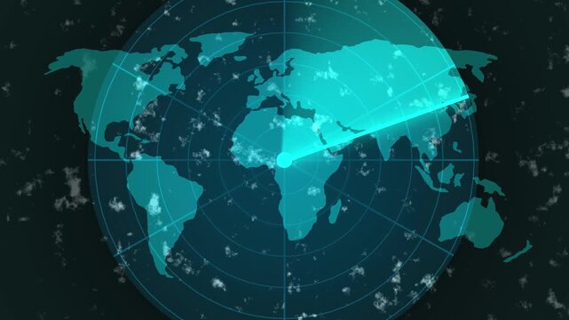 Futuristic digital world map interface with radar scan beam over Atlantic, glowing teal grid, clouds and circular HUD overlay, cybersecurity and global tracking concept. Radar with map animation