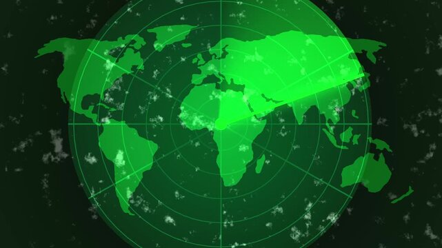 Radar scanning world map interface, detection and monitoring. Digital radar scanning system for global search and surveillance. Futuristic radar scanning technology for navigation and tracking