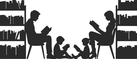 Family reading together in a library bookshelves silhouettes © Moksedul