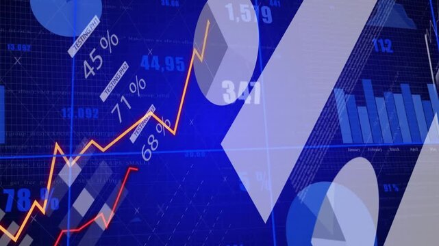 Opening grid causing bar chart sliding, orange line tracing trend, shapes pulsing showing insights