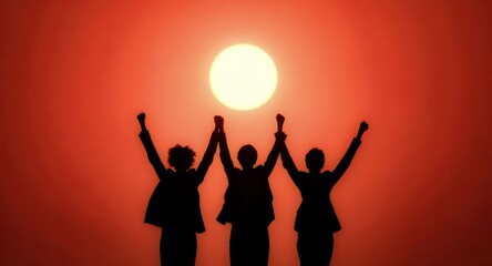 Fototapeta premium Motivation and Mindset, Silhouettes leap high against the sun to show self-belief, persistence, and the winning mindset that drives personal success.