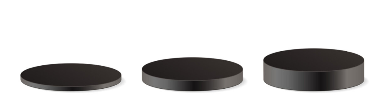 Vector set black cylindrical plinth podium in ascending height. 3d mockup round stand product presentation in realistic style. Black stand pedestal 