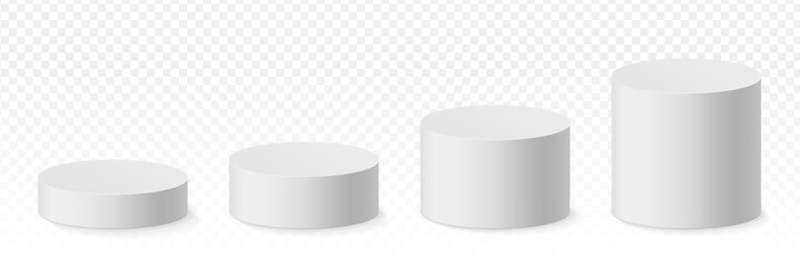 Fototapeta na wymiar Vector set white cylindrical plinth podium in ascending height. 3d mockup round stand product presentation in realistic style. Blank stand pedestal 