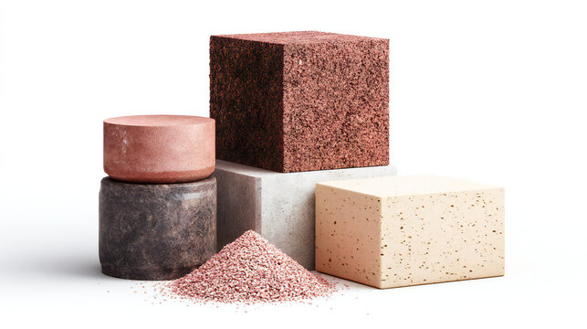 Collection of natural building material samples including stone, clay and concrete blocks arranged in minimal composition. Concept of construction materials and texture selection.