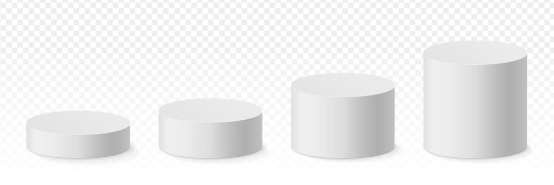 Vector set white cylindrical plinth podium in ascending height. 3d mockup round stand product presentation in realistic style. Blank stand pedestal 