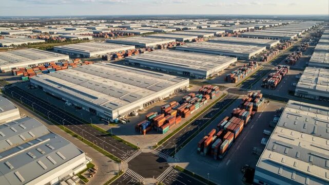Aerial view of industrial complex with many warehouses.