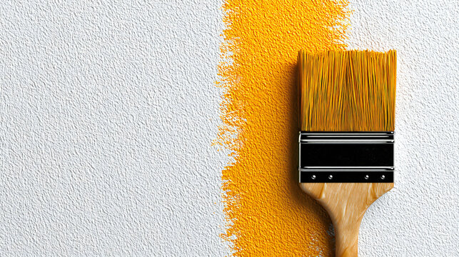 Close-up paintbrush applying bright yellow paint on white textured wall surface. Minimal composition with bold color contrast representing home improvement, renovation, creative work and modern DIY 