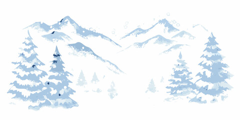 Watercolor illustration of snow covered mountains and coniferous trees © Tusar