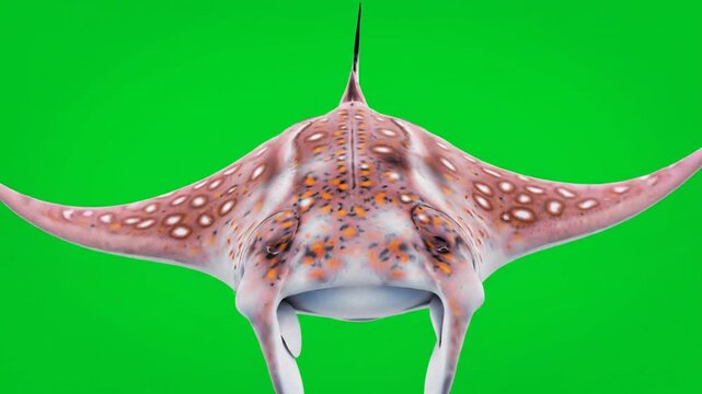 Close-up of a spotted eagle ray with a green background and a white border at the bottom.