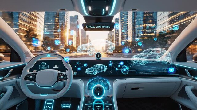 Autonomous electric car interior with futuristic display city.