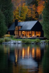 Obraz premium People enjoy an evening at a modern black house near a lake surrounded by trees with lights reflecting on the water at dusk in autumn
