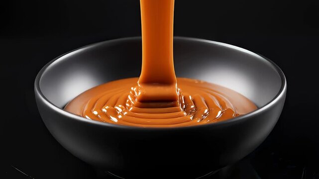 Thick Caramel Sauce Pouring Into Dark Bowl Creating Ripples
