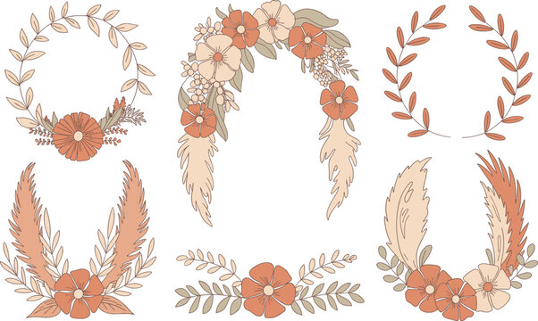 Boho floral wreath and frame illustrations with feathers and flowers