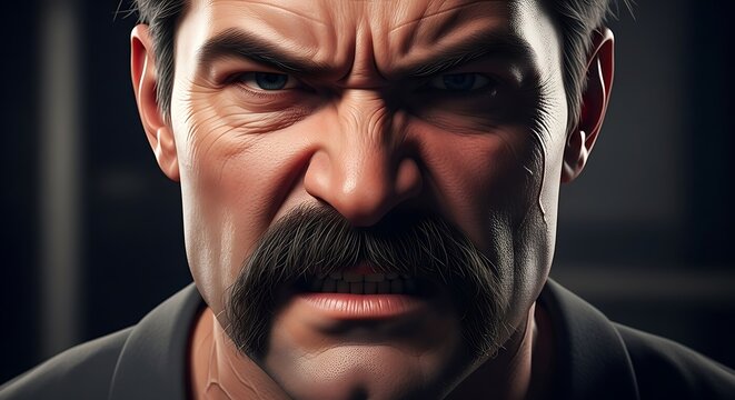 Intense man with a thick mustache glares with anger.