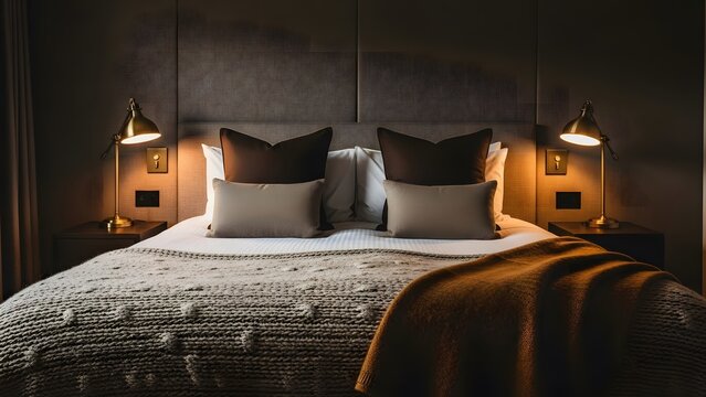 Luxury hotel bedroom with cozy king size bed, warm ambient lighting, elegant decor, and modern rustic design for relaxation and travel lifestyle
