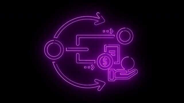 Neon purple line illustration of a flowchart with arrows on a black background
