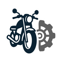 Logo taller mecánico de motos. Icono con dibujo de motocicleta en perspectiva con engranaje © teracreonte