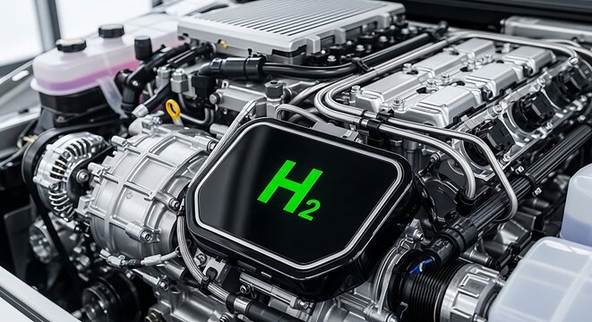 Hydrogen Engine with H2 Label, Clean Energy Technology, Modern Automotive Innovation