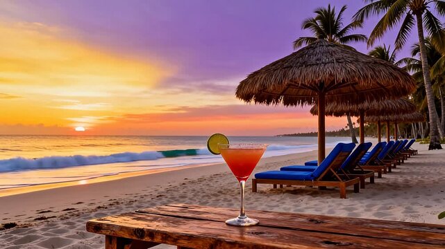 Beach sunset with cocktail and lounge chairs