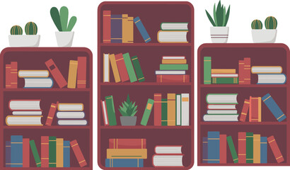 Three red bookshelves with books and potted plants on and shelves cacti © Moksedul