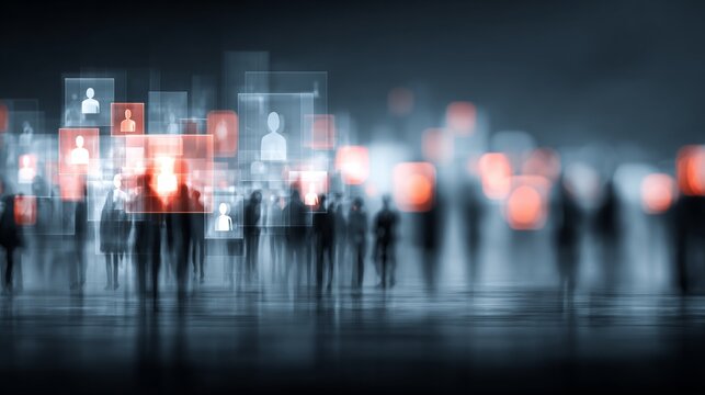 Intelligent city systems: the future of urban monitoring. People connecting online. High-tech vision: comprehensive city monitoring and threat detection. Digital friends network.