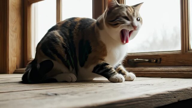 Calico Cat Playing And Yawning On A Wooden Ledge By Window