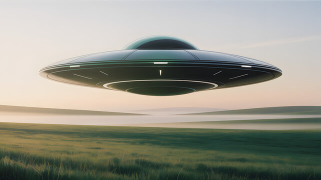 UFO hovers above a foggy green field at dusk or dawn.