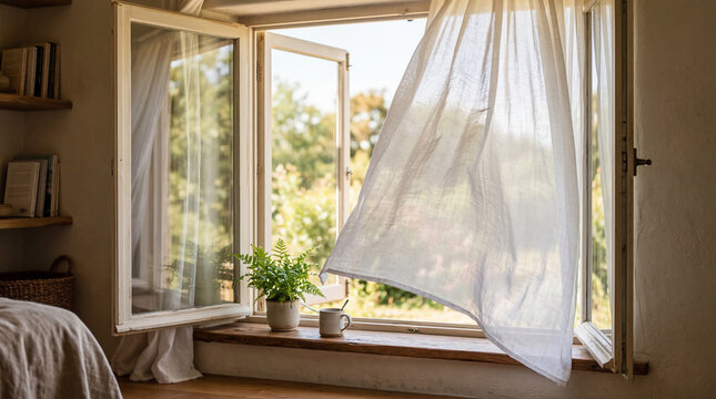 Sunlit window scene with a gentle breeze, creating a sense of freshness and tranquility. A white curtain dances in the breeze, framing the greenery outside. 