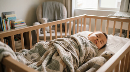 A peacefully sleeping infant swaddled in a soft blanket inside a wooden crib, creating a sense of tranquility and the innocence of early childhood.