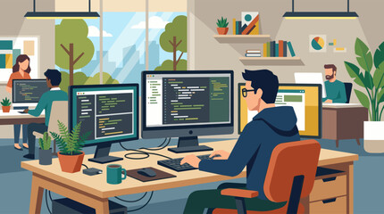 Naklejka premium A diverse group of people are programming and working in a bright, modern office with large windows and plants, creating a collaborative and productive atmosphere.