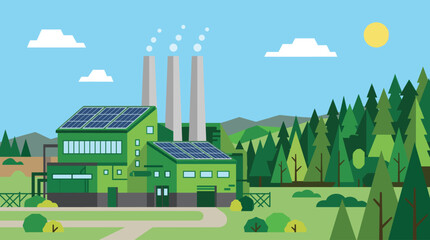 Naklejka premium A clean, modern factory with solar panels on the roof and smoke stacks stands in a lush green landscape under a bright sun and blue sky.