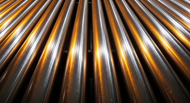 Metallic tubes, angled, reflect light. Shiny and geometric shapes with subtle color gradients