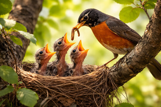 A robin bird feeding its hungry chicks in a nest on a tree branch