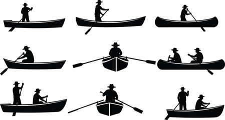 Collection of rowing and paddling silhouettes showing people in boats with oars and hats in various positions and configurations © Kajal
