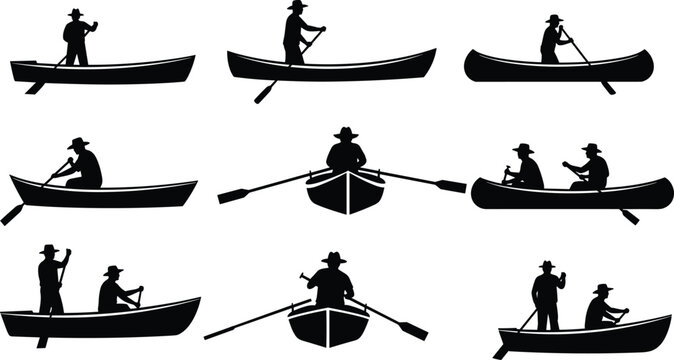 Collection of rowing and paddling silhouettes showing people in boats with oars and hats in various positions and configurations