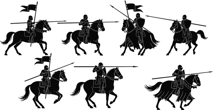 Collection of medieval knight silhouettes on horseback with lances, shields, flags, and armor in dynamic battle poses vector illustration